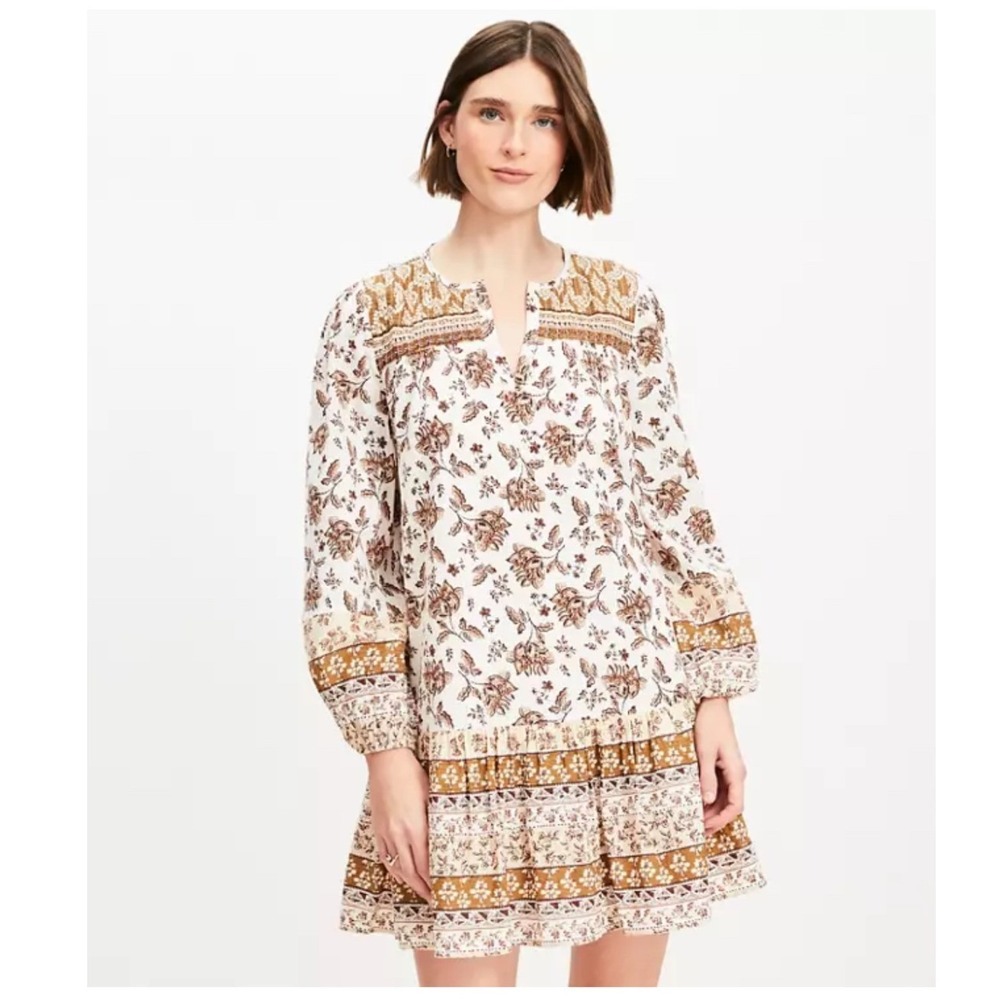 Loft Dress Vintage Floral‎ Block Mini Brown Cream Boho Cotton Modal L Petite
